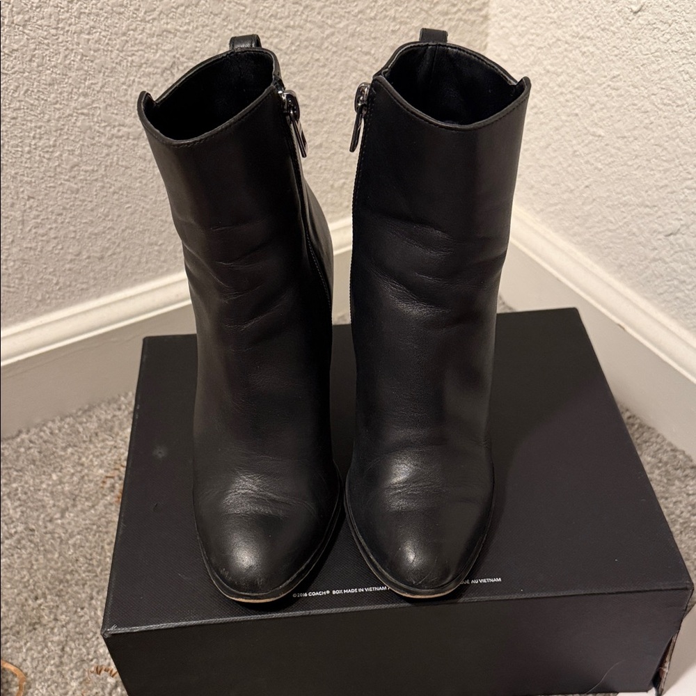 Coach Black Leather Pointed Toe Ankle Booties with Side Zip